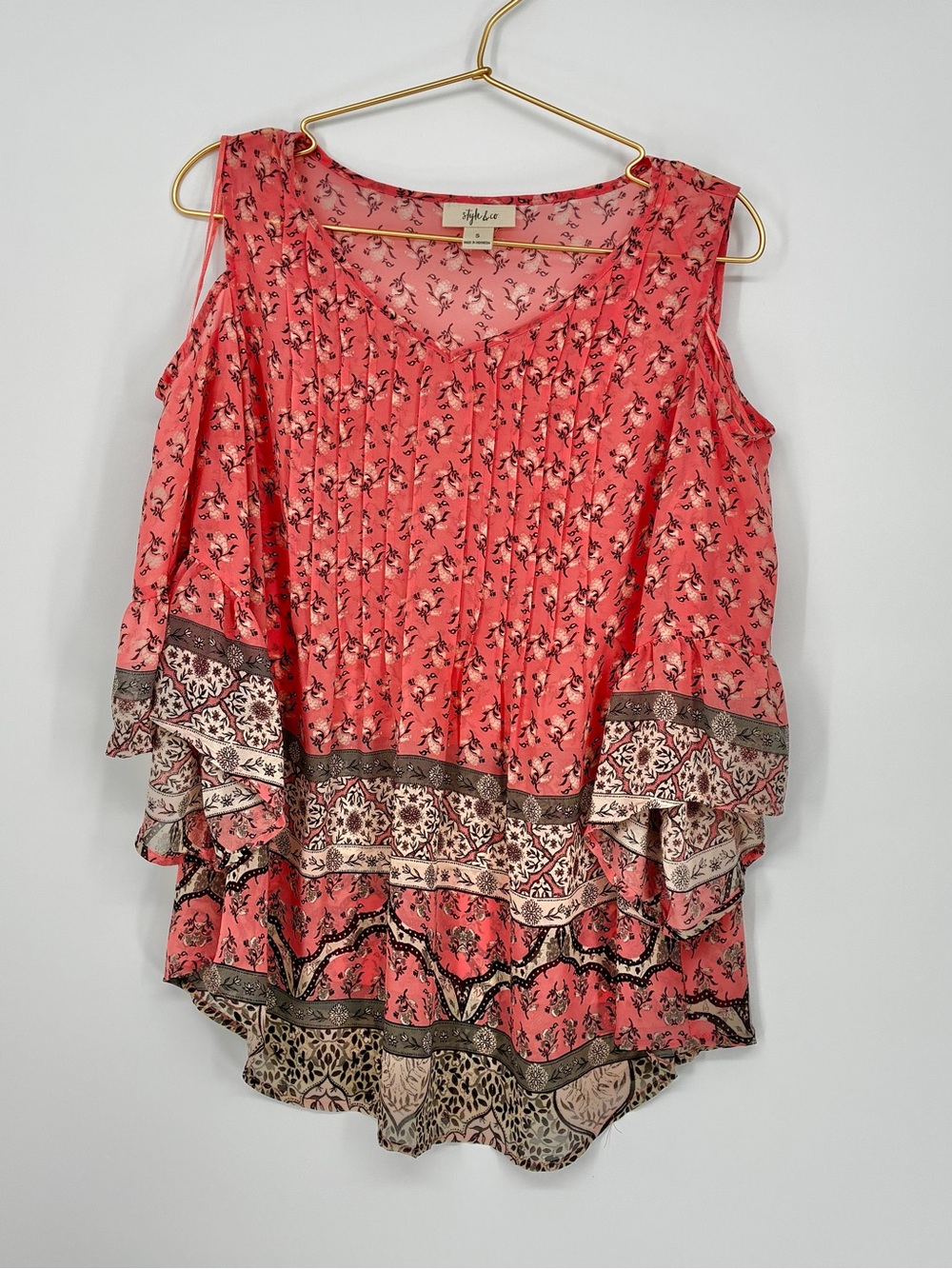 Style & Co Coral Pink Floral Border Print Cold Shoulder Pintuck Blouse Small